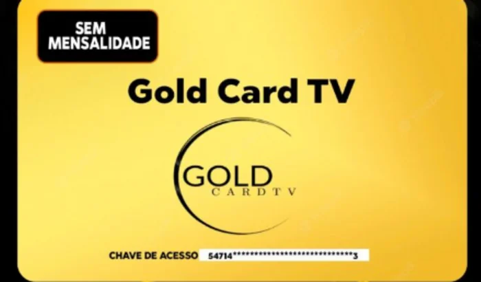 A Gold Card TV access card with a yellow background. The card features the Gold Card TV logo in black, with the text 'SEM MENSALIDADE' (No Monthly Fee) in a black box at the top left. Below the logo, there is an access key partially obscured for security.