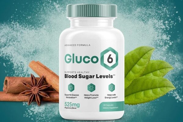 A bottle of Gluco6 dietary supplement displayed against a green background with cinnamon sticks, star anise, and green leaves. The label highlights benefits such as supporting healthy blood sugar levels, glucose metabolism, weight loss, and energy levels. The bottle contains 30 capsules with a 525mg proprietary blend.