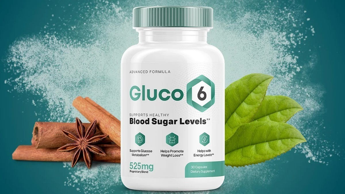 A bottle of Gluco6 dietary supplement displayed against a green background with cinnamon sticks, star anise, and green leaves. The label highlights benefits such as supporting healthy blood sugar levels, glucose metabolism, weight loss, and energy levels. The bottle contains 30 capsules with a 525mg proprietary blend.