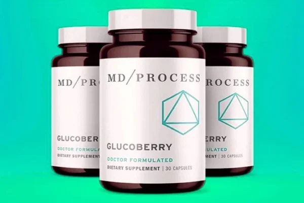 Three brown bottles labeled 'GlucoBerry' by MD/Process, a doctor-formulated dietary supplement containing 30 capsules. The packaging features a minimalist design with a geometric logo on a white label. The background is a gradient of turquoise shades.