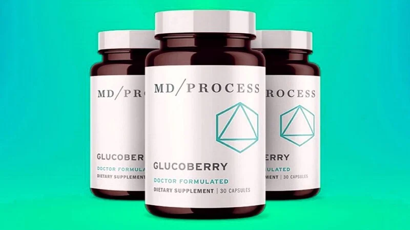 Three brown bottles labeled 'GlucoBerry' by MD/Process, a doctor-formulated dietary supplement containing 30 capsules. The packaging features a minimalist design with a geometric logo on a white label. The background is a gradient of turquoise shades.