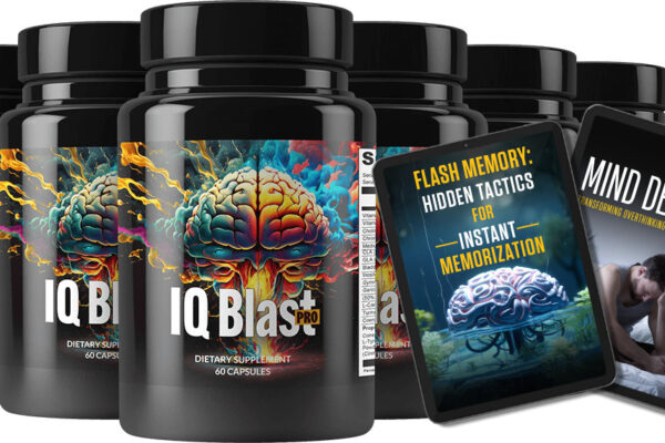 Multiple black bottles of IQ Blast Pro dietary supplement featuring a vibrant brain-themed label. The bottles contain 60 capsules each. Alongside the bottles, two digital book covers are displayed: 'Flash Memory: Hidden Tactics for Instant Memorization' with an image of a glowing brain, and 'Mind Decoder: Transforming Overthinking into Sleep Thinking' featuring a man struggling with sleep.