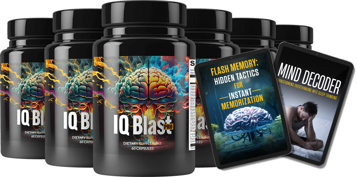 Multiple black bottles of IQ Blast Pro dietary supplement featuring a vibrant brain-themed label. The bottles contain 60 capsules each. Alongside the bottles, two digital book covers are displayed: 'Flash Memory: Hidden Tactics for Instant Memorization' with an image of a glowing brain, and 'Mind Decoder: Transforming Overthinking into Sleep Thinking' featuring a man struggling with sleep.