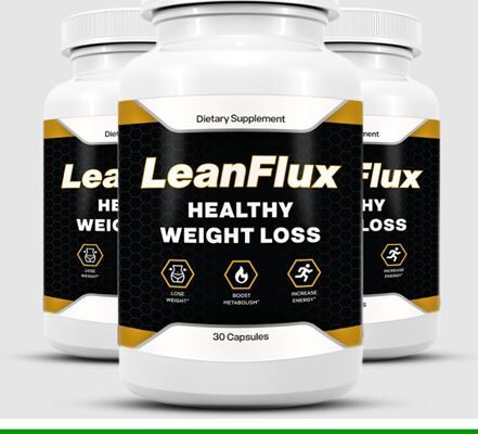 Three bottles of LeanFlux dietary supplement labeled 'Healthy Weight Loss' with a green 'Shop Now' button below.