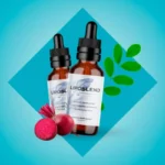 Two bottles of LipoSlend dietary supplement with dropper caps, displayed alongside a beetroot and green leaves on a blue diamond-shaped background.