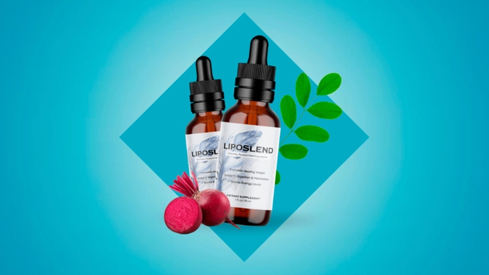 Two bottles of LipoSlend dietary supplement with dropper caps, displayed alongside a beetroot and green leaves on a blue diamond-shaped background.