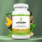 A bottle of Lipozem dietary supplement featuring a ketogenic formula for advanced weight loss support. The white bottle has green and gold label accents and contains 60 capsules. It is displayed against a green background with natural ingredients such as peppers, leaves, and roots surrounding it.