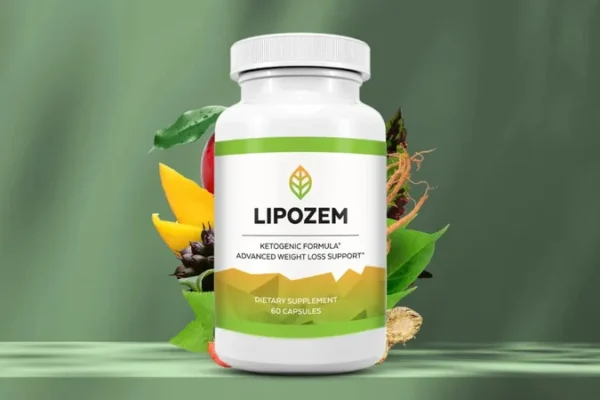 A bottle of Lipozem dietary supplement featuring a ketogenic formula for advanced weight loss support. The white bottle has green and gold label accents and contains 60 capsules. It is displayed against a green background with natural ingredients such as peppers, leaves, and roots surrounding it.