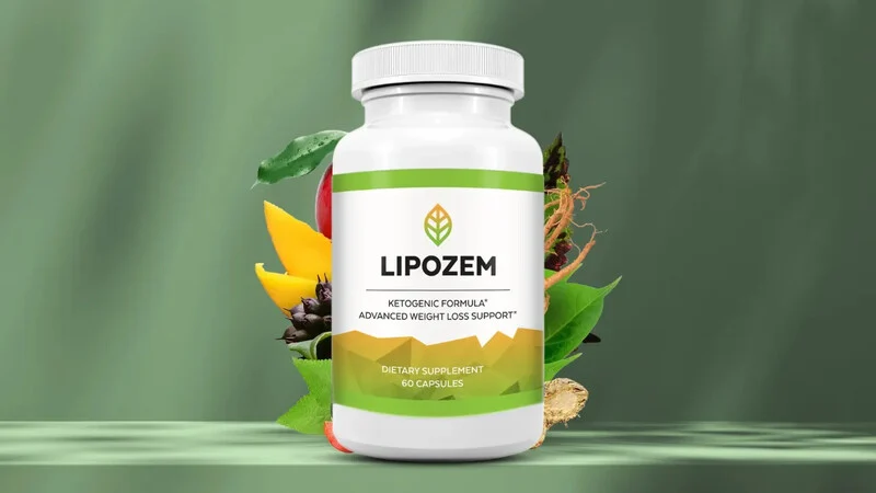 A bottle of Lipozem dietary supplement featuring a ketogenic formula for advanced weight loss support. The white bottle has green and gold label accents and contains 60 capsules. It is displayed against a green background with natural ingredients such as peppers, leaves, and roots surrounding it.