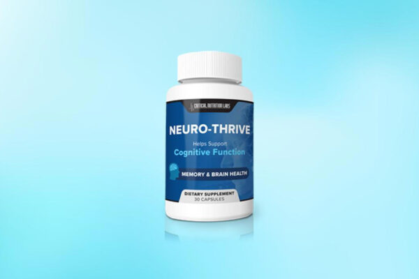 A bottle of Neuro Thrive dietary supplement is displayed against a light blue gradient background. The label, in blue and white colors, states that the product is from Critical Nutrition Labs and claims to help support cognitive function, memory, and brain health. The bottle contains 30 capsules. The design includes a small brain icon and subtle neural network graphics.