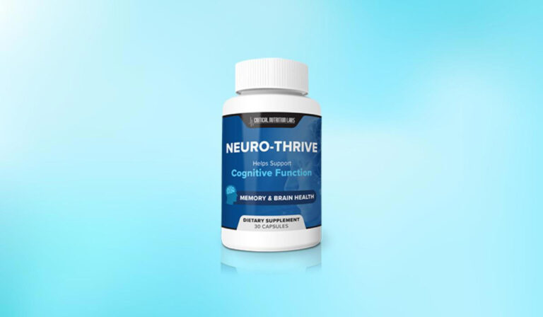 A bottle of Neuro Thrive dietary supplement is displayed against a light blue gradient background. The label, in blue and white colors, states that the product is from Critical Nutrition Labs and claims to help support cognitive function, memory, and brain health. The bottle contains 30 capsules. The design includes a small brain icon and subtle neural network graphics.