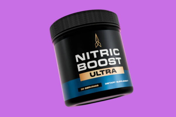 Nitric Boost Reviews Ultra supplement container with black and blue design, showcasing 30 servings, on a purple background.