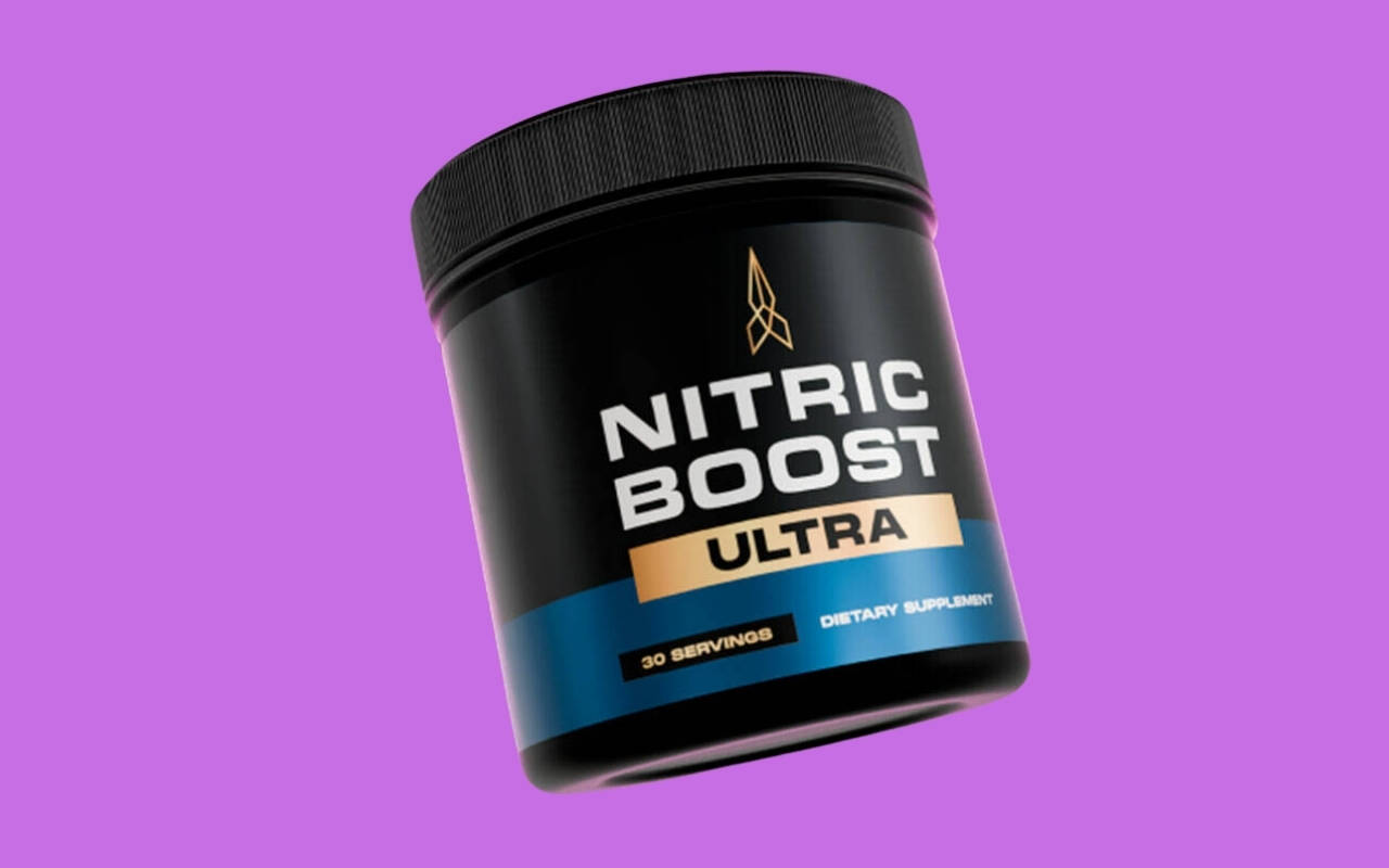 Nitric Boost Reviews Ultra supplement container with black and blue design, showcasing 30 servings, on a purple background.