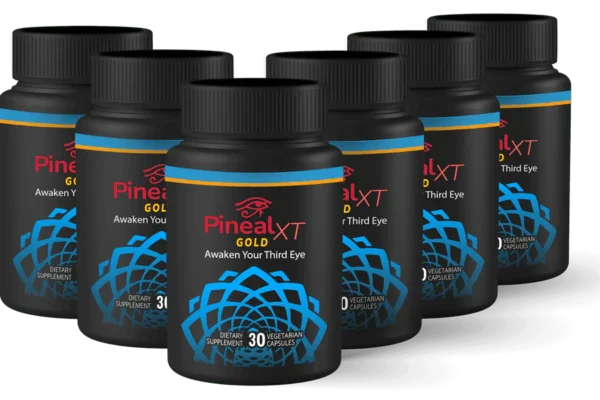 Six bottles of Nutraville Pineal XT Gold dietary supplement, labeled with the tagline 'Awaken Your Third Eye.' The bottles have a black design with red, gold, and blue accents, featuring a geometric pattern and an eye symbol. Each bottle contains 30 vegetarian capsules.