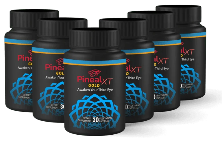 Six bottles of Pineal Gland dietary supplement, labeled with the tagline 'Awaken Your Third Eye.' The bottles have a black design with red, gold, and blue accents, featuring a geometric pattern and an eye symbol. Each bottle contains 30 vegetarian capsules.