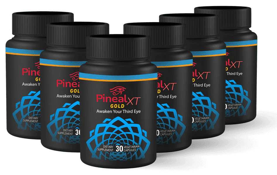 Six bottles of Nutraville Pineal XT Gold dietary supplement, labeled with the tagline 'Awaken Your Third Eye.' The bottles have a black design with red, gold, and blue accents, featuring a geometric pattern and an eye symbol. Each bottle contains 30 vegetarian capsules.