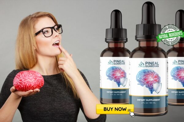 A young woman with glasses, wearing a black shirt, holds a model of a brain while touching her chin thoughtfully. Next to her, three bottles of 'Pineal Guardian' dietary supplement are displayed, featuring a brain illustration on the label. A green badge indicates 'Natural Ingredients,' and a yellow 'Buy Now' button is visible at the bottom.