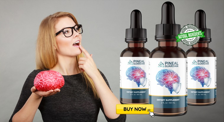 A young woman with glasses, wearing a black shirt, holds a model of a brain while touching her chin thoughtfully. Next to her, three bottles of 'Pineal Guardian' dietary supplement are displayed, featuring a brain illustration on the label. A green badge indicates 'Natural Ingredients,' and a yellow 'Buy Now' button is visible at the bottom.