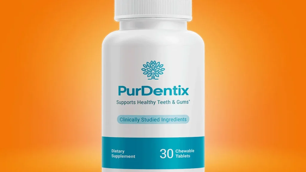 A bottle of PurDentix dietary supplement with a white and blue label, featuring the text 'Supports Healthy Teeth & Gums' and 'Clinically Studied Ingredients.' The bottle contains 30 chewable tablets and is set against an orange gradient background.