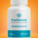 A bottle of PurDentix dietary supplement with a white and blue label, featuring the text 'Supports Healthy Teeth & Gums' and 'Clinically Studied Ingredients.' The bottle contains 30 chewable tablets and is set against an orange gradient background.