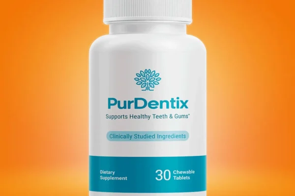 A bottle of PurDentix dietary supplement with a white and blue label, featuring the text 'Supports Healthy Teeth & Gums' and 'Clinically Studied Ingredients.' The bottle contains 30 chewable tablets and is set against an orange gradient background.