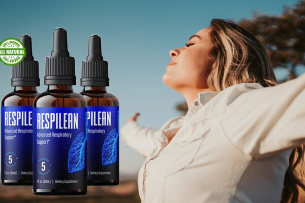 Respilean Advanced Respiratory Support supplement bottles with a woman enjoying fresh air outdoors, arms outstretched in relaxation. The image highlights the product's natural ingredients and benefits for lung health.