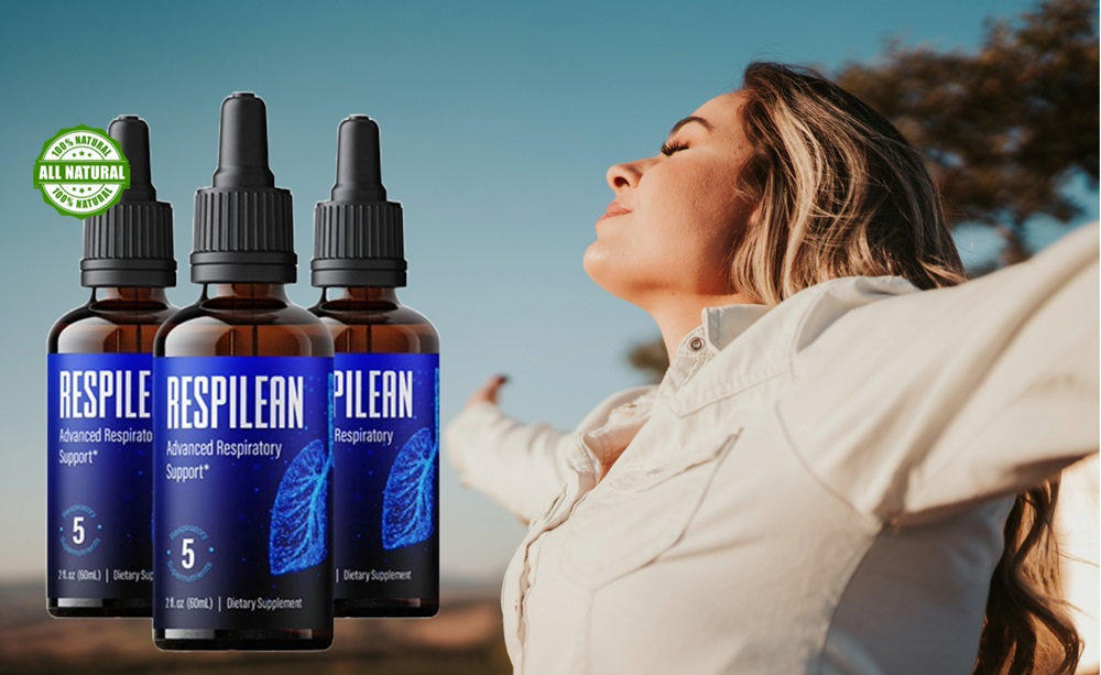 Respilean Advanced Respiratory Support supplement bottles with a woman enjoying fresh air outdoors, arms outstretched in relaxation. The image highlights the product's natural ingredients and benefits for lung health.