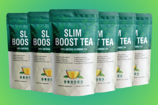 Multiple packs of Slim Boost Tea, a 100% natural slimming tea, featuring green and white packaging with a tea cup design, set against a gradient green background.