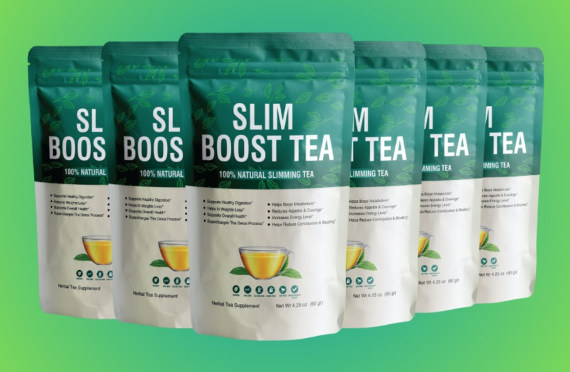 Multiple packs of Slim Boost Tea, a 100% natural slimming tea, featuring green and white packaging with a tea cup design, set against a gradient green background.