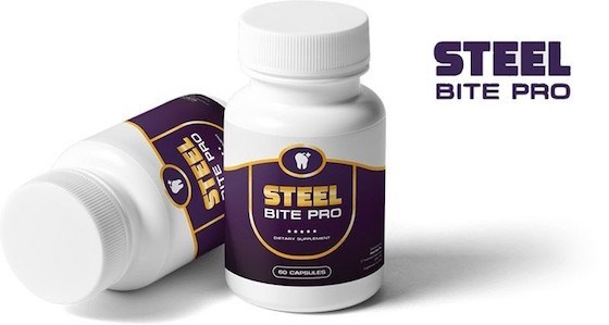 Two bottles of "Steel Bite Pro" dietary supplement, one standing upright and the other lying down, with a white and purple label featuring a tooth icon. The label indicates that the supplement contains 60 capsules. The brand name "Steel Bite Pro" is also displayed separately on the right side of the image in bold purple text.