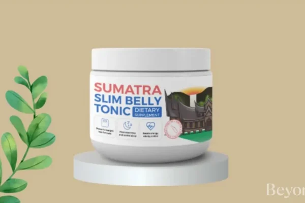 Sumatra Slim Belly Tonic dietary supplement container on a display stand, featuring a natural theme with green leaves and a traditional Sumatra-inspired design on the label.