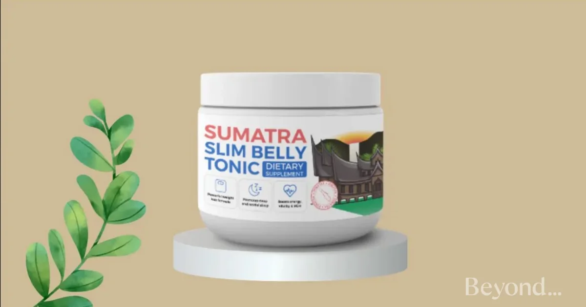 Sumatra Slim Belly Tonic dietary supplement container on a display stand, featuring a natural theme with green leaves and a traditional Sumatra-inspired design on the label.