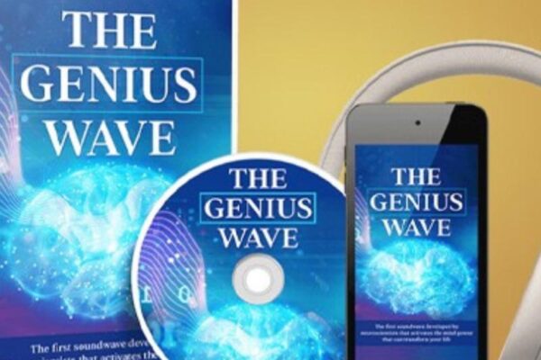 A promotional image of "The Genius Wave," a soundwave-based program. The image includes a book, a CD, a smartphone displaying the program's cover, and a pair of headphones. The cover design features a blue digital brain with glowing wave patterns. The tagline mentions that it is a neuroscientific soundwave development designed to activate the mind's power for transformation. The background is a gradient of gold, giving a premium look to the presentation.