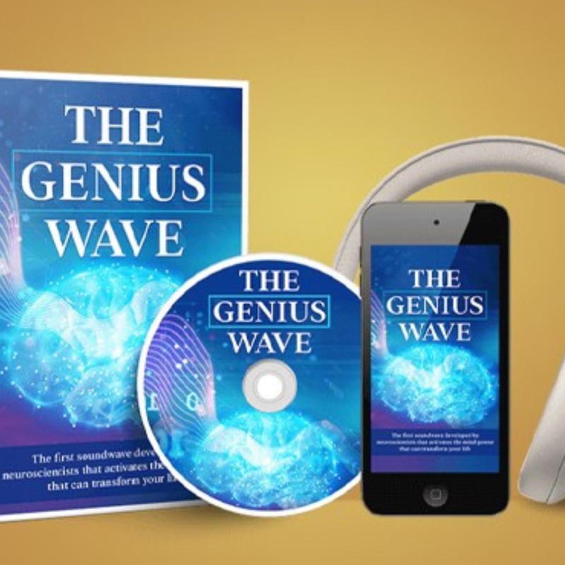 A promotional image of "The Genius Wave," a soundwave-based program. The image includes a book, a CD, a smartphone displaying the program's cover, and a pair of headphones. The cover design features a blue digital brain with glowing wave patterns. The tagline mentions that it is a neuroscientific soundwave development designed to activate the mind's power for transformation. The background is a gradient of gold, giving a premium look to the presentation.