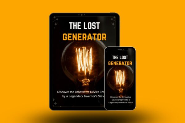 A digital mockup of a book cover titled The Lost Generator displayed on a tablet and smartphone against a bright orange background. The cover features an illuminated vintage-style light bulb with glowing filaments. The title is in bold white and orange text, and a subtitle below reads, "Discover the Innovative Device Inspired by a Legendary Inventor’s Vision." The design has a dark aesthetic with warm lighting effects.