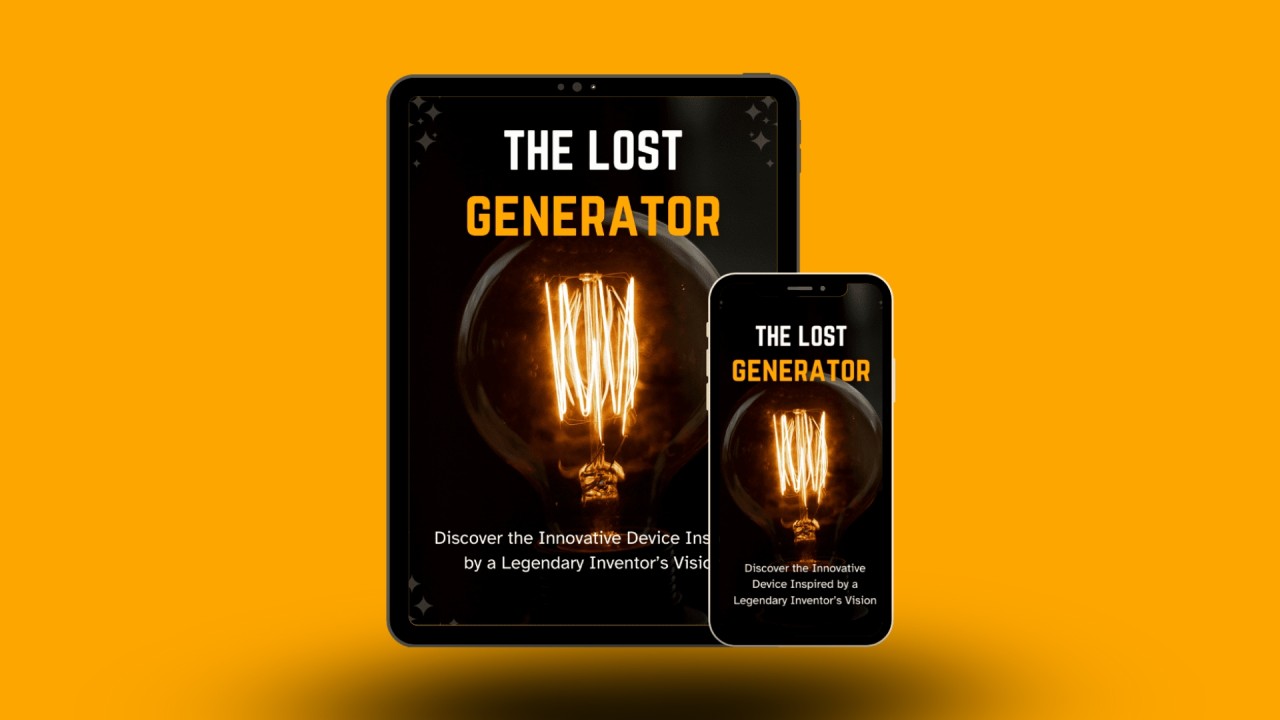 A digital mockup of a book cover titled The Lost Generator displayed on a tablet and smartphone against a bright orange background. The cover features an illuminated vintage-style light bulb with glowing filaments. The title is in bold white and orange text, and a subtitle below reads, "Discover the Innovative Device Inspired by a Legendary Inventor’s Vision." The design has a dark aesthetic with warm lighting effects.