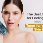 A woman with clear skin holding a blue Toner Tips bottle, with text overlay stating 'The Best Tips for Finding an Ideal Toner for Your Skin.