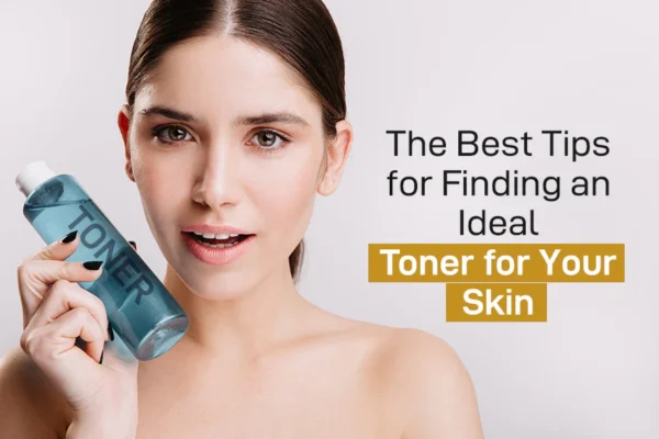 A woman with clear skin holding a blue Toner Tips bottle, with text overlay stating 'The Best Tips for Finding an Ideal Toner for Your Skin.