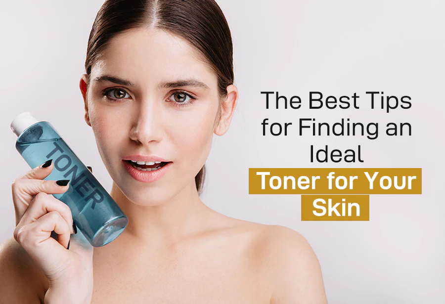 A woman with clear skin holding a blue Toner Tips bottle, with text overlay stating 'The Best Tips for Finding an Ideal Toner for Your Skin.