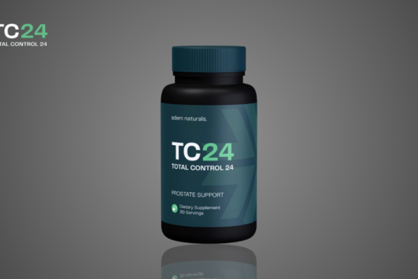 A black supplement bottle labeled 'TC24 Total Control 24' by Adem Naturals, designed for prostate support. The label includes text 'Dietary Supplement, 30 Servings' and features a sleek dark teal and black color scheme, with the bottle reflected on a gradient gray background.