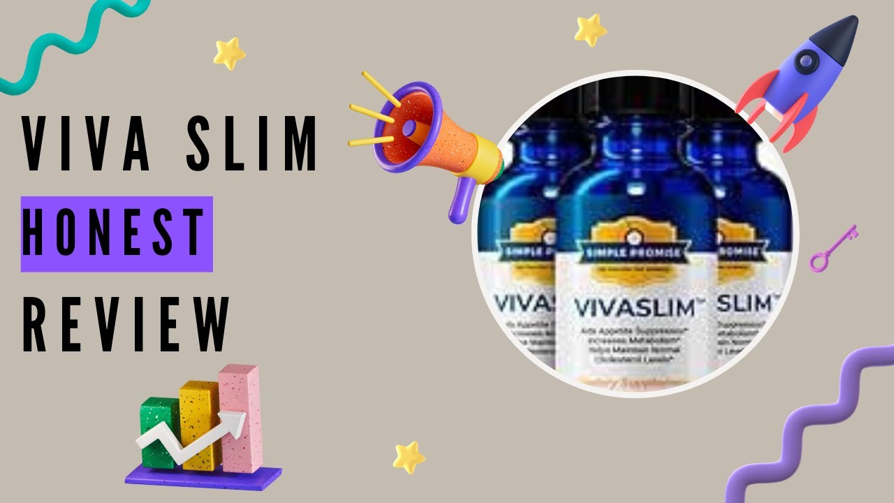 VivaSlim Honest Review – A digital thumbnail featuring a beige background with the text 'VivaSlim Honest Review' in bold black and purple letters. The image includes a circular cutout of VivaSlim supplement bottles, along with decorative icons like a megaphone, a rocket, stars, a key, and a rising bar graph, giving it an engaging and dynamic look.