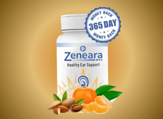 A white bottle labeled 'Zeneara Reviews Healthy Ear Support' with a blue and orange design. The bottle is surrounded by almonds, tangerines, and green leaves. A blue badge in the top right corner displays a '365 Day Money Back' guarantee. The background has a golden gradient.