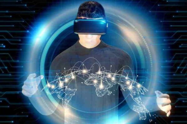 Person wearing a VR headset interacting with a global digital interface, symbolizing Aeonscope's advanced predictive analytics and global data connectivity.