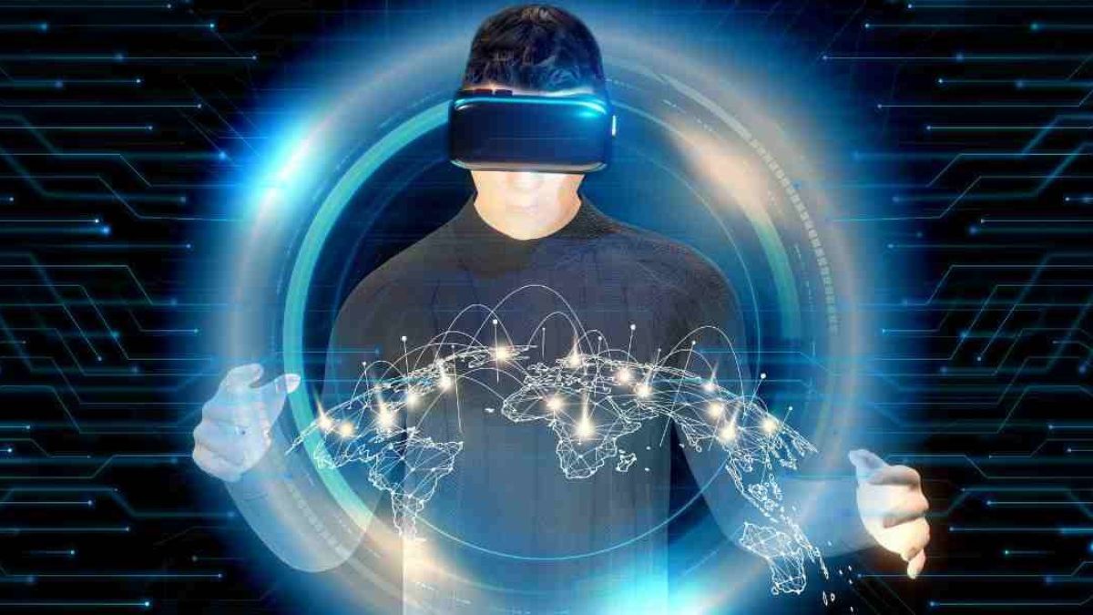 Person wearing a VR headset interacting with a global digital interface, symbolizing Aeonscope's advanced predictive analytics and global data connectivity.