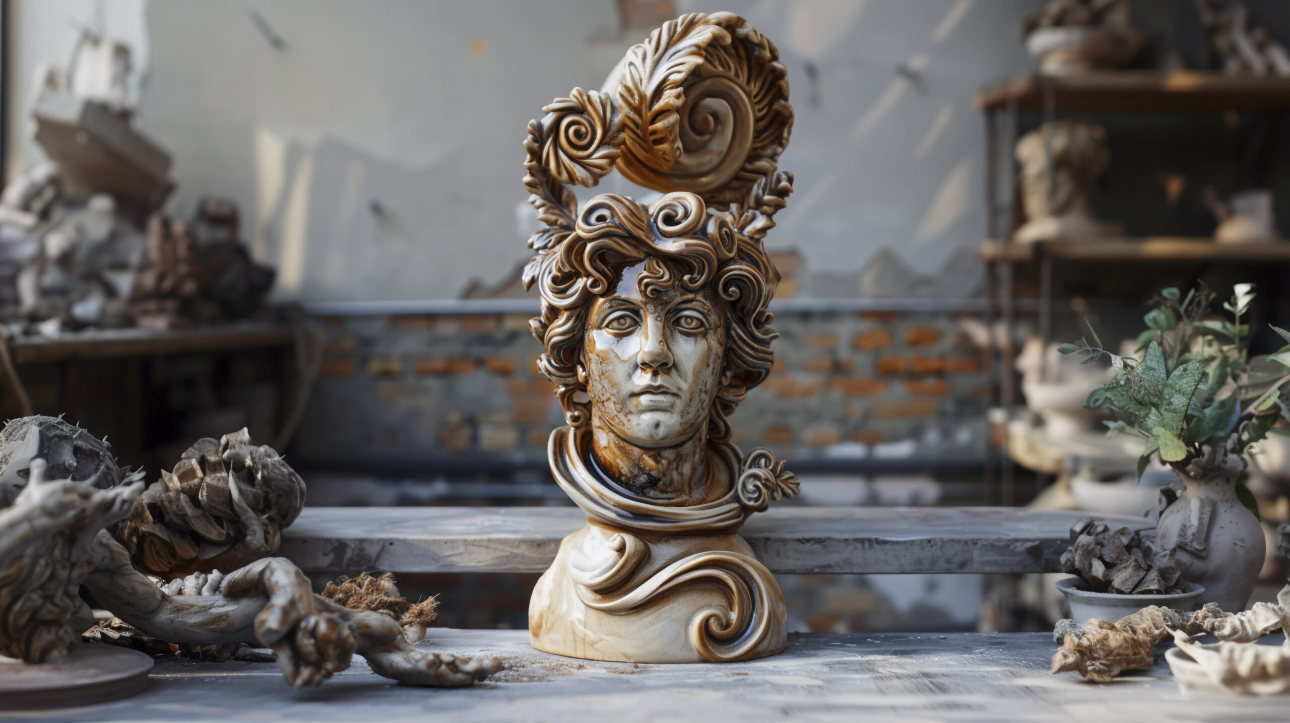 Intricately carved bust sculpture representing Ancient Artz, showcasing classical artistic elements with swirling ornamental details in a historical studio setting.