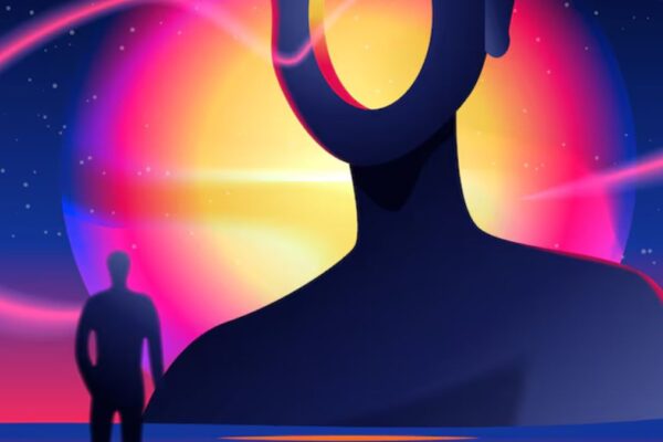 Surreal digital artwork representing Antarvacna—depicting inner consciousness and cosmic self-awareness with vibrant celestial colors.