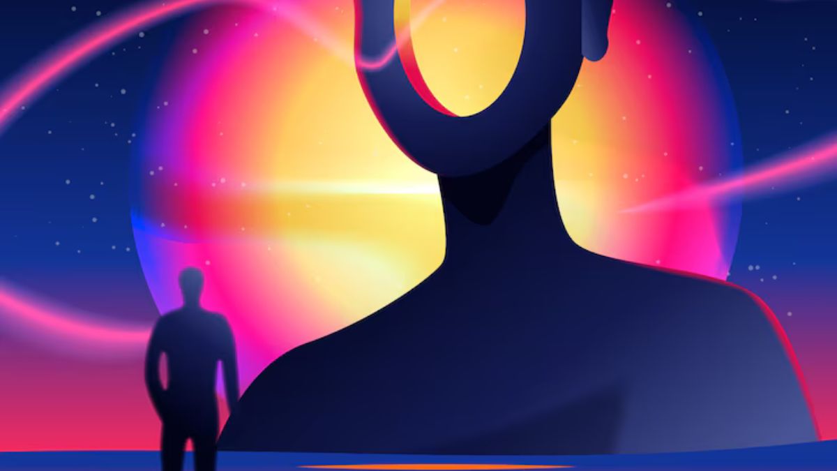Surreal digital artwork representing Antarvacna—depicting inner consciousness and cosmic self-awareness with vibrant celestial colors.