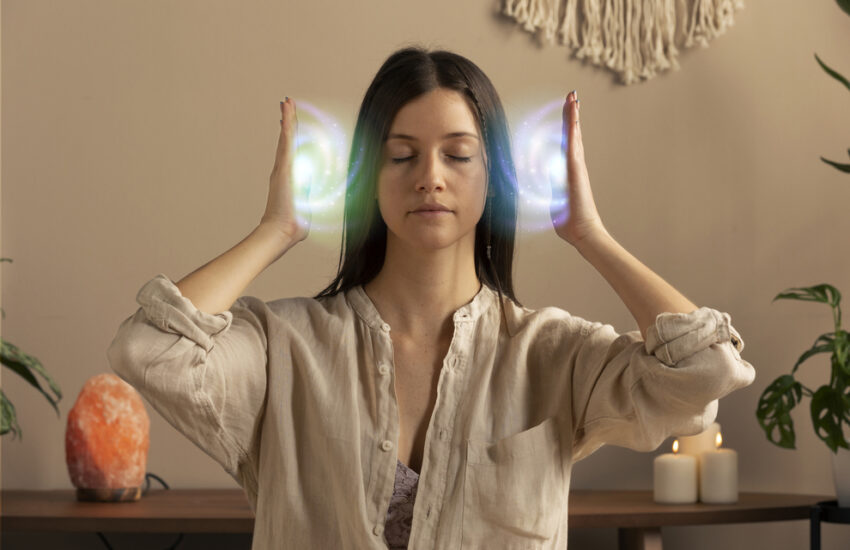 Woman practicing Antarvafna meditation with glowing energy fields around her hands, eyes closed in a peaceful indoor setting with candles and Himalayan salt lamp in the background.