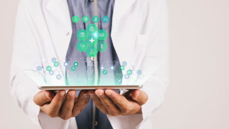 Doctor holding a tablet with digital healthcare icons representing Doctiplus features like telemedicine, EHR, and medical data integration.