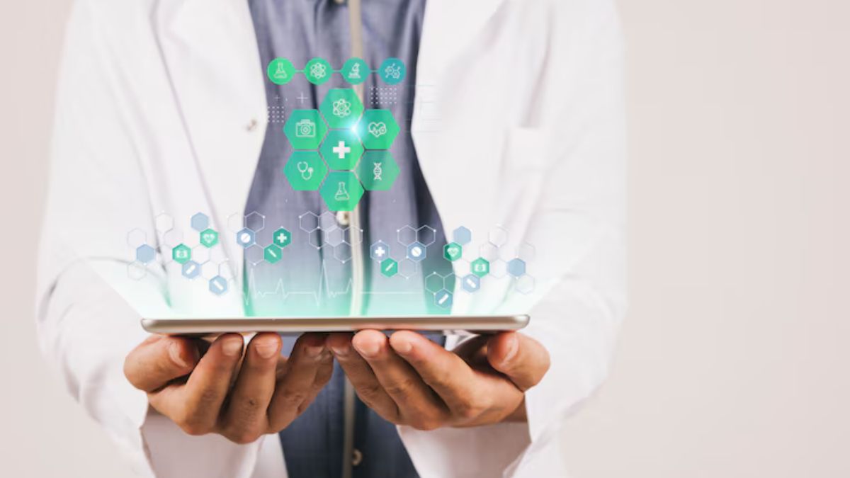 Doctor holding a tablet with digital healthcare icons representing Doctiplus features like telemedicine, EHR, and medical data integration.